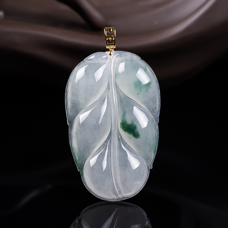 天然缅甸翡翠18K金厚装冰飘花大叶子 尺寸41-26-6.2