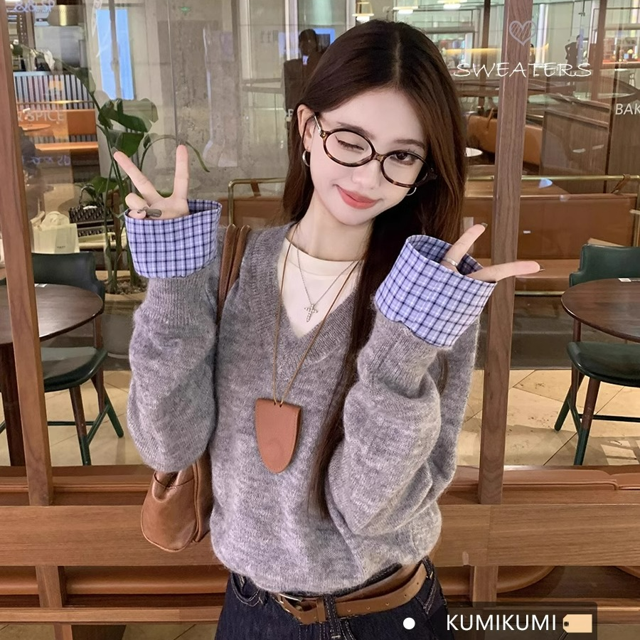 灰色设计感小众格子拼接内搭针织衫上衣女秋冬小个子短款毛衣打底