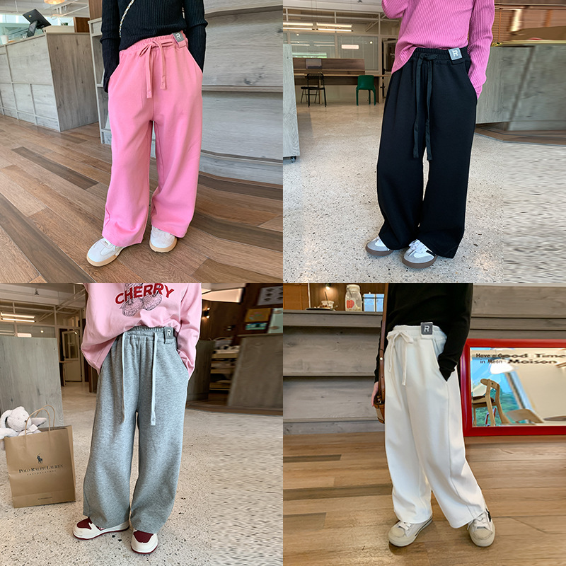 艾摩贝贝2023秋季新款童裤女童宝宝韩版抽绳贴标宽松休闲直筒长裤