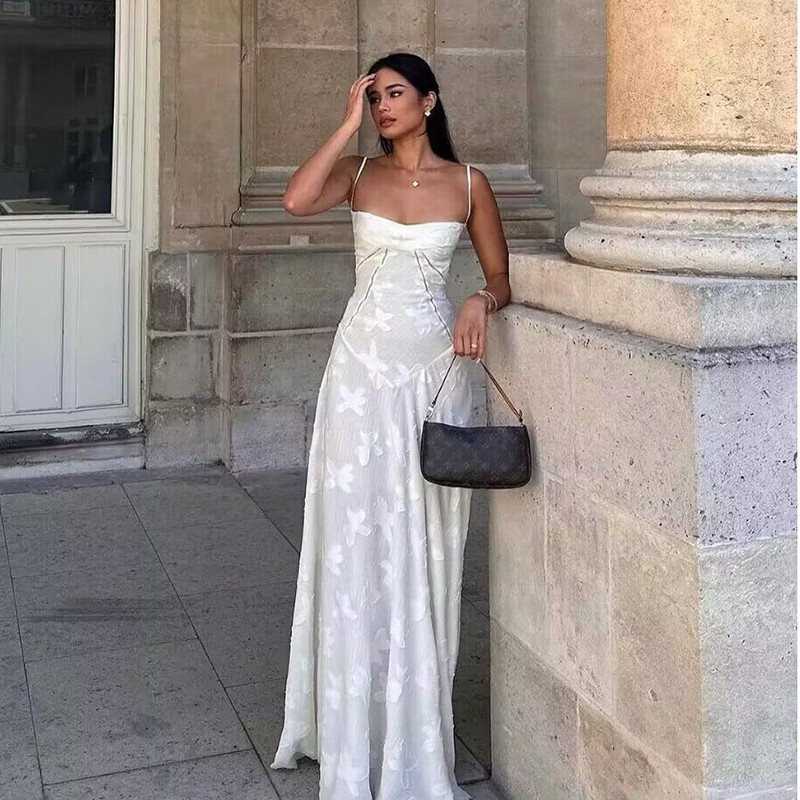 黛娜【素绾清风】海边度假米白色绑带鱼骨收腰高级礼服拖地显瘦长裙