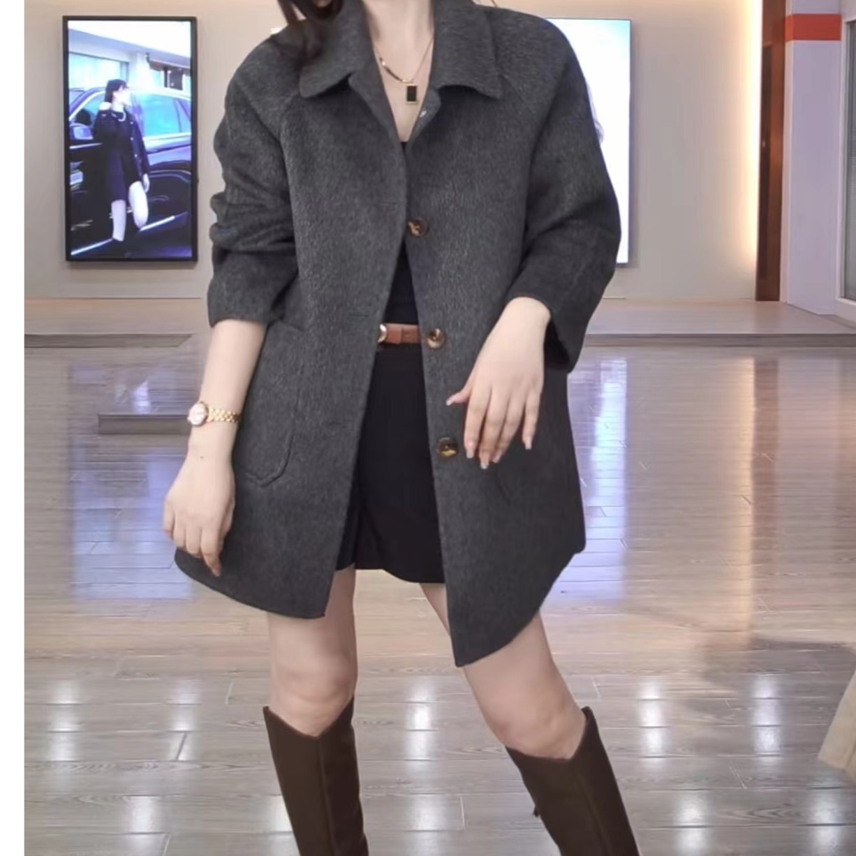 2025气质网红时尚宽松韩版中长款秋冬百搭洋气双面棉羊毛女士外套