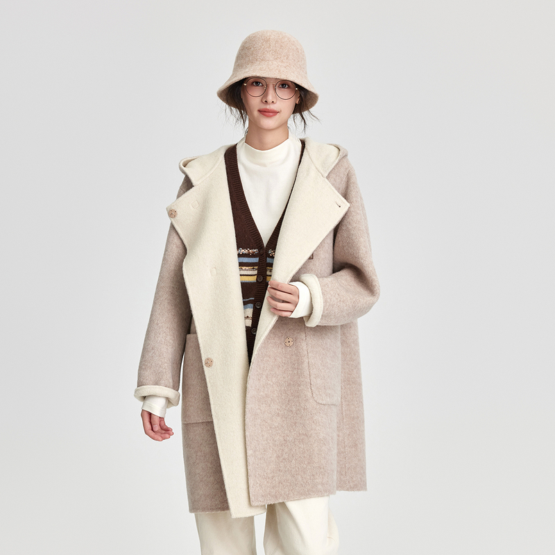 连帽大口袋气质百搭中长款双面呢大衣