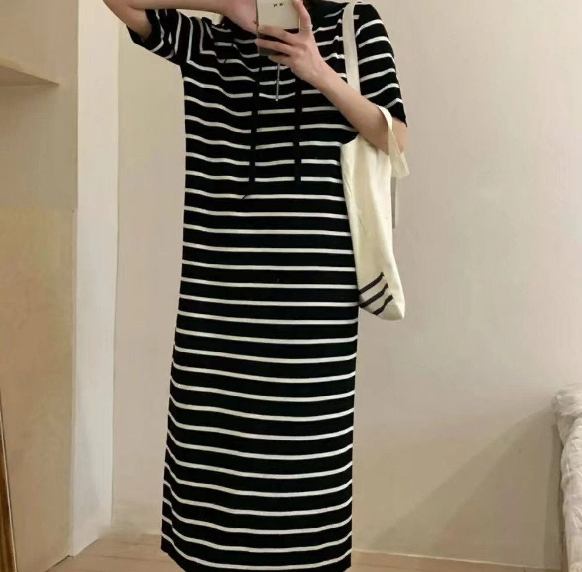 妃兮【1011】夏季圆领领加长款针织帽衫连衣裙条纹百搭显瘦