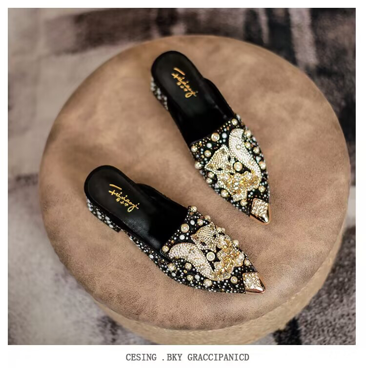 夏季休闲包头拖女网红新款中跟尖头外穿懒人中跟网纱气质百搭女鞋