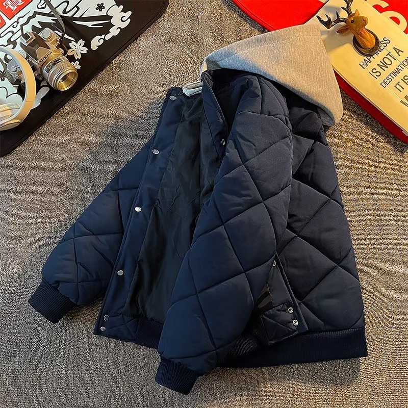 冬季棒球领菱形棉服男日系复古可拆卸连帽加厚保暖棉衣外套情侣