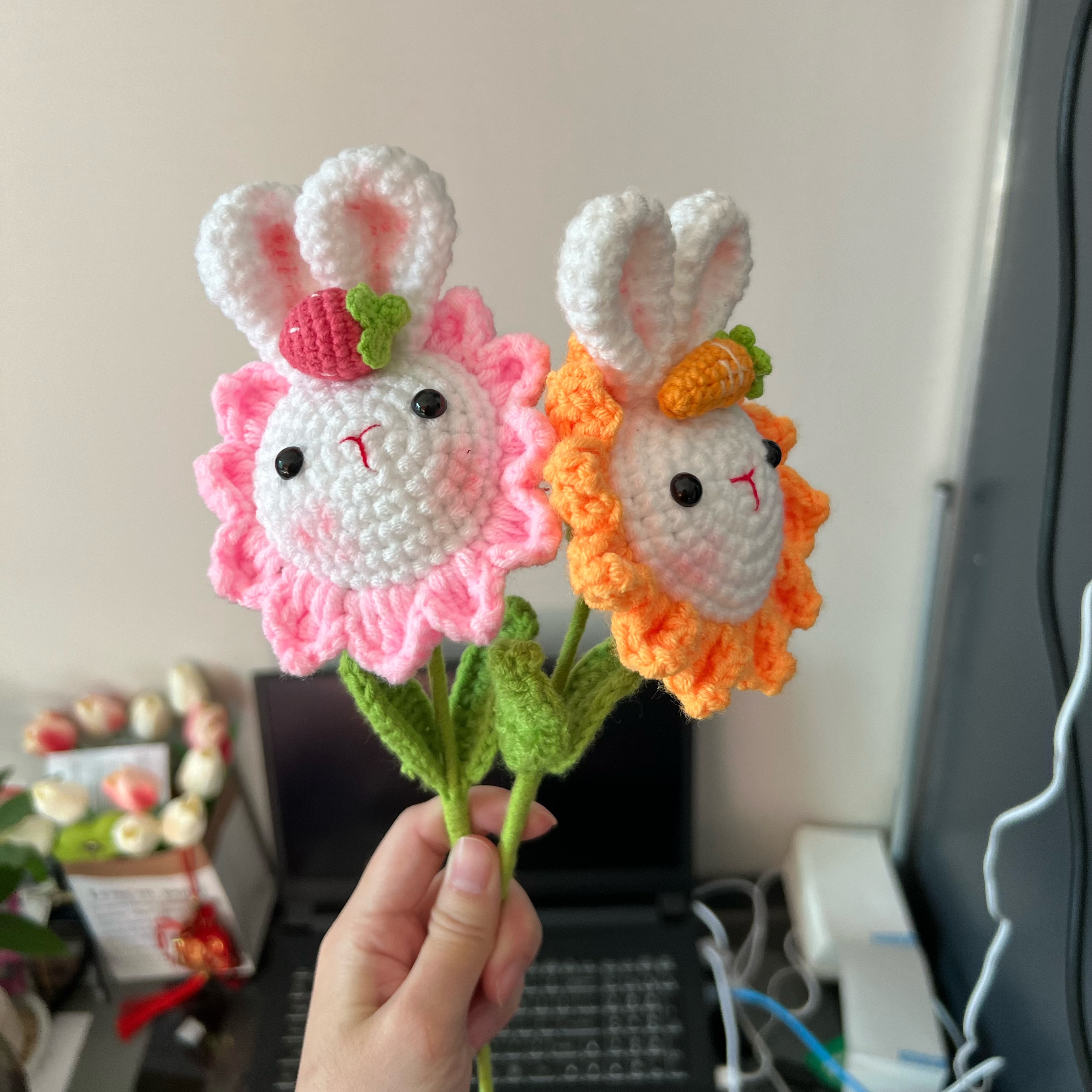 可爱编织纯手工成品日葵兔头花可爱家用创意日式动物手绘卫生立体