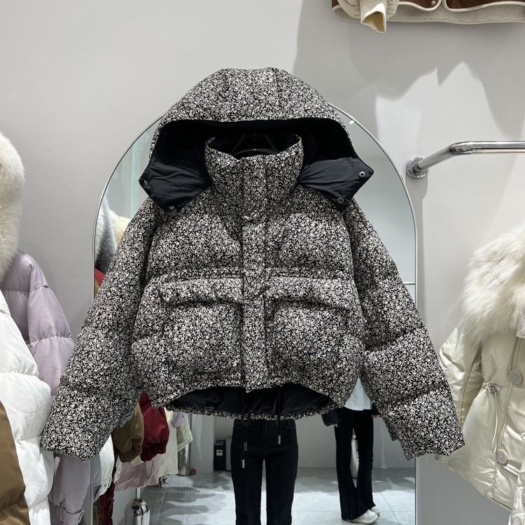 韩国高级版本!复古碎花短款羽绒服女2023年洋气时尚加厚90白鸭绒