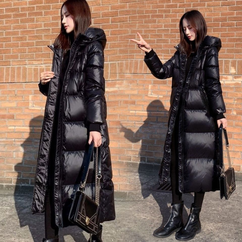 羽绒服2023新款黑色羽绒服韩版长款亮面羽绒服女加厚修身羽