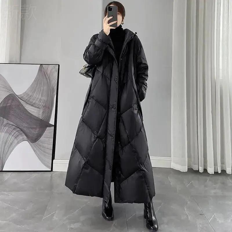 冬季款黑色秋冬超长连帽白鸭绒加厚冬季羽绒服外套23过膝女装宽松
