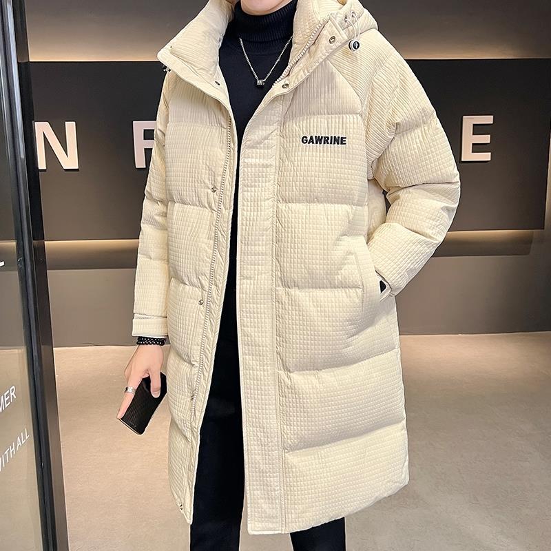 羽绒服男中长款冬季2023新款潮牌连帽华夫格大衣加厚保暖男士外套