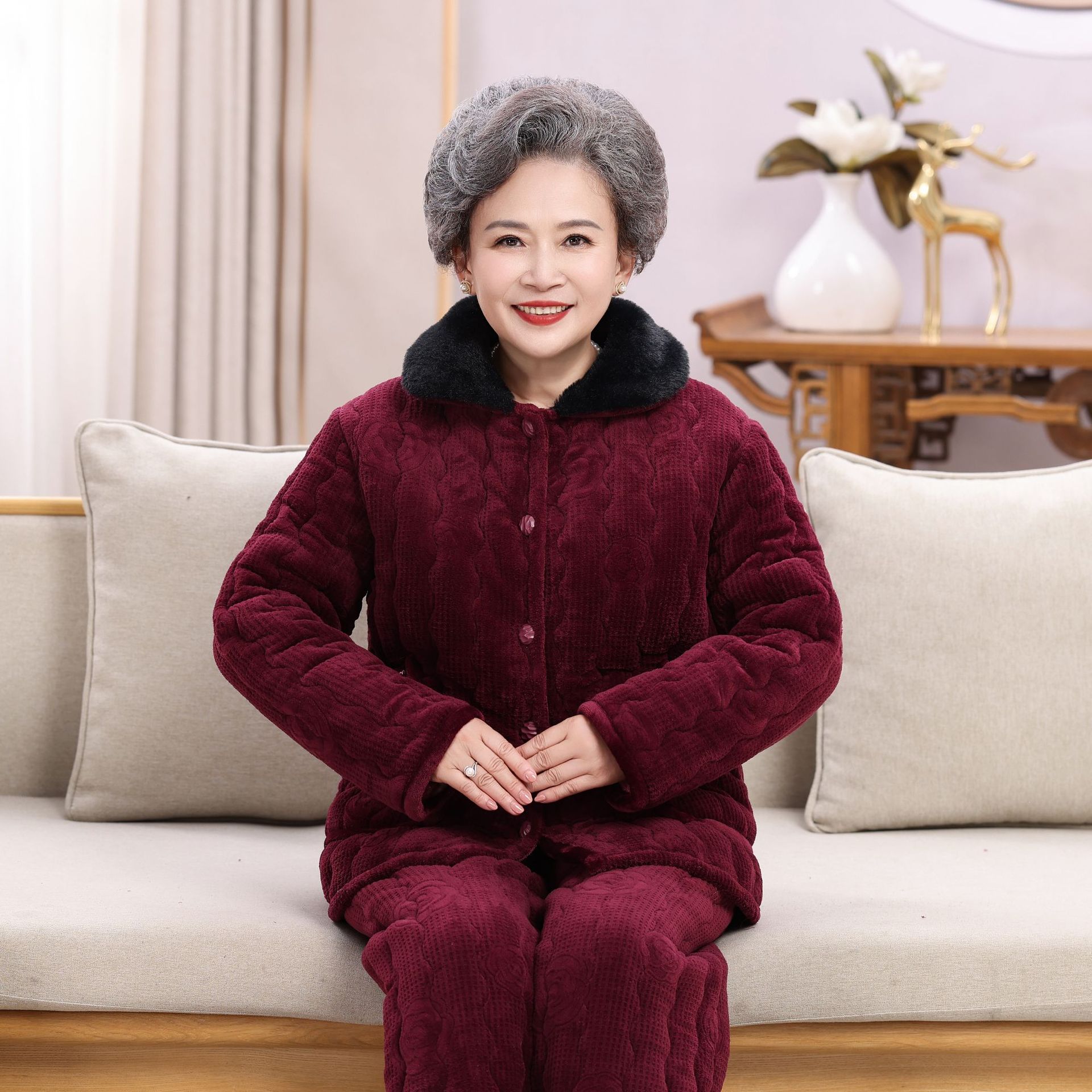 睡衣女冬60岁中老年人居家服70加厚保暖奶奶服妈妈服睡衣套装