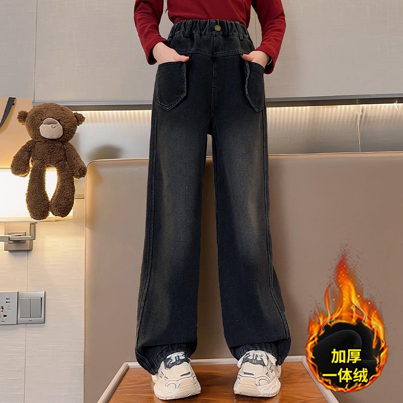 女童秋冬款加绒裤子2023新款中大童休闲直筒阔腿裤儿童冬季牛仔裤