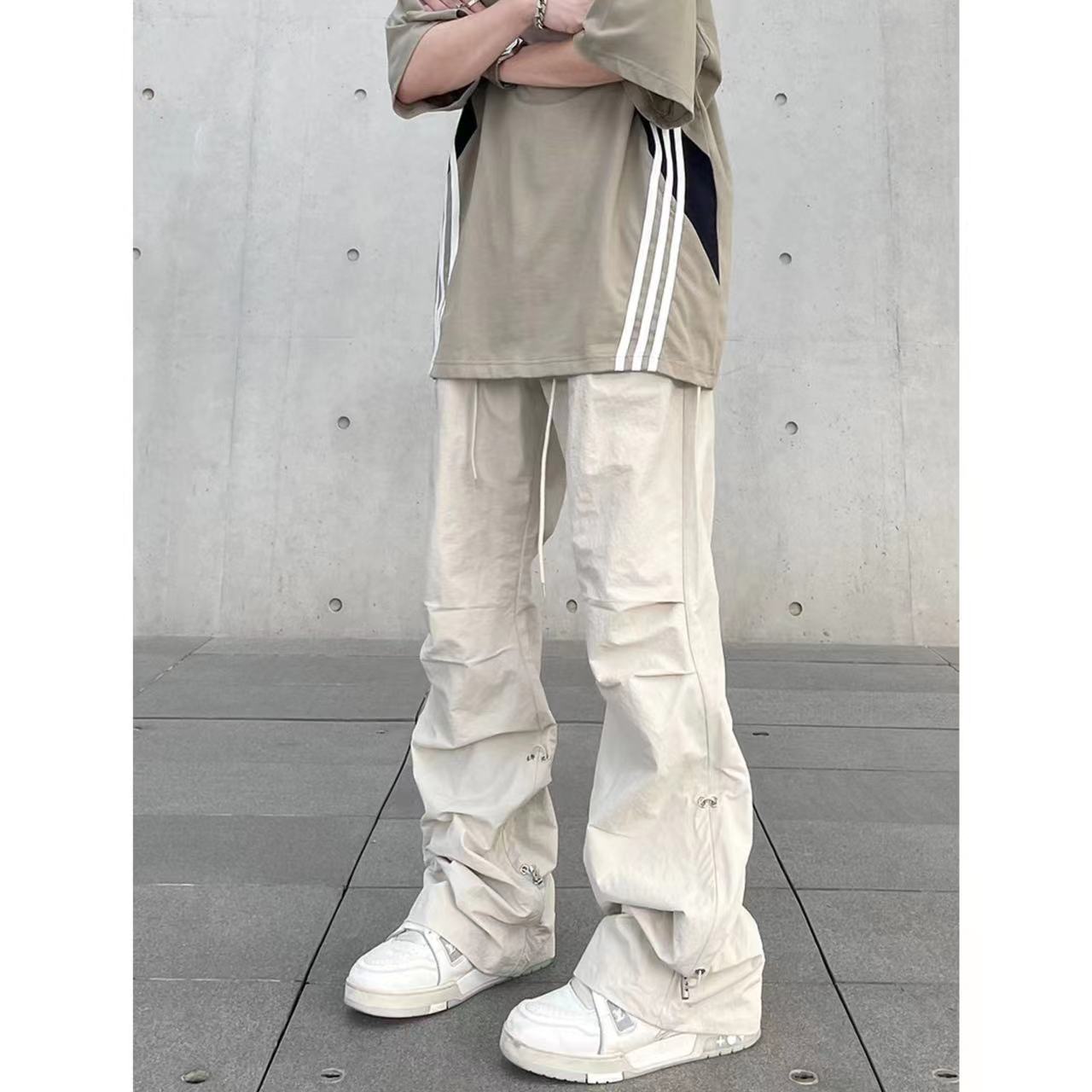 高街vibe褶皱伞兵工装裤男潮牌美式复古抽绳微喇直筒冲锋长裤