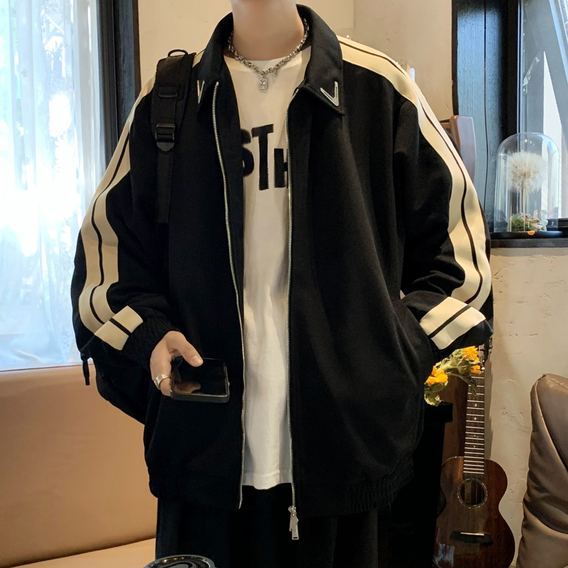 2023新款西装面料夹克男生春秋季外套侧边织带学生港风黑色拼色宽