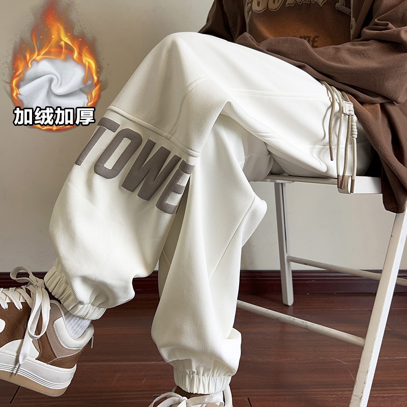 美式加绒卫裤男秋冬季宽松大码束脚运动裤潮牌字母设计感休闲长裤