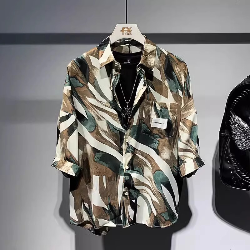 2023夏季新款时尚潮牌短袖花衬衫男装港风潮流休闲宽松百搭衬衣潮