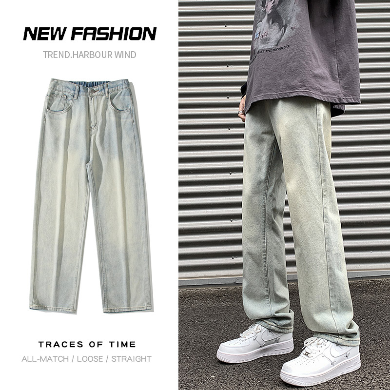 初秋新款美式高街直筒牛仔裤男潮流百搭牛仔裤水洗泥黄色潮牌牛仔