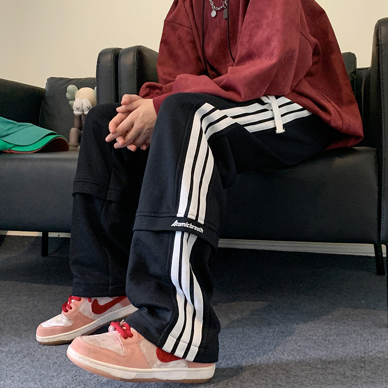 三条杠条纹拼接卫裤男春秋美式潮牌运动长裤痞帅直筒阔腿休闲裤子