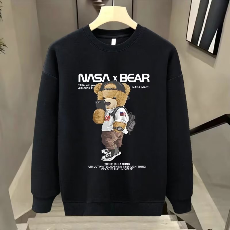 秋冬季2023潮牌修身小熊印花打底长袖卫衣男宽松百搭休闲外套男士