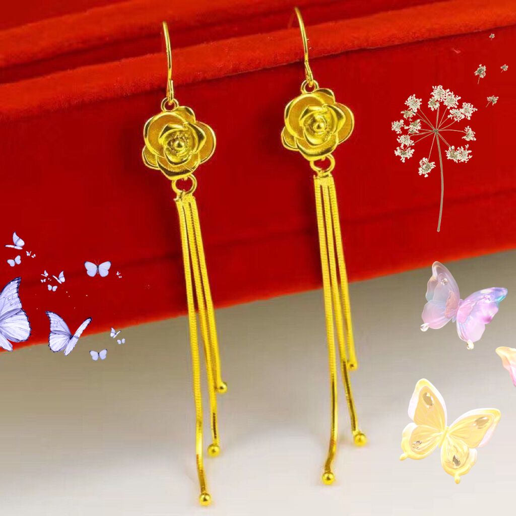 铜合金耳饰 精美花朵流苏长款耳环金色耳饰品气质百搭耳钩不掉色