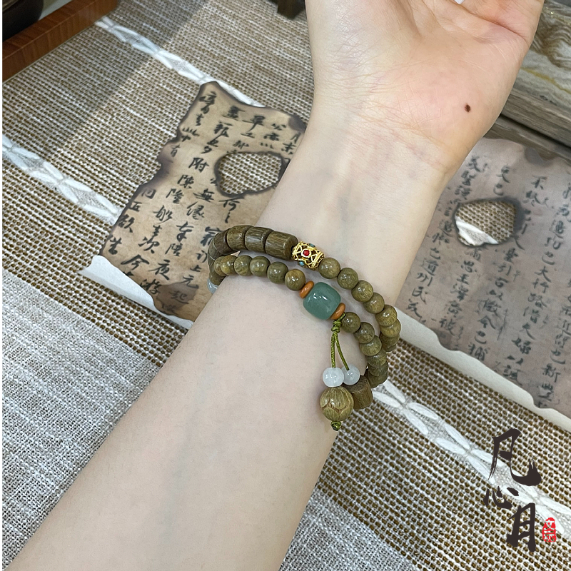 文玩手串绿檀双圈圆桶珠搭配款时尚古风女款