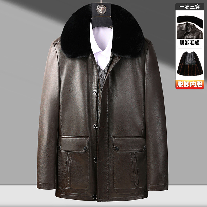 绵羊皮皮衣冬装男中青年一体男绵大毛领皮外套加绒加厚中老年翻领