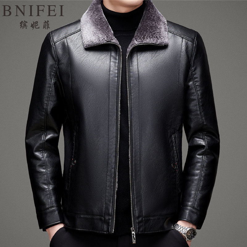 休闲皮毛一体男中老年真皮皮衣外套加绒加厚绵羊皮夹克外套冬男士