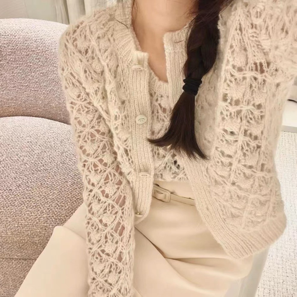 2023新款菱形格镂空针织开衫毛衣时尚背心两件套套装7149