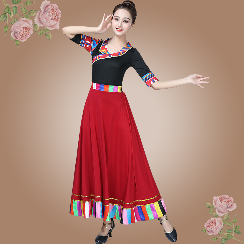 藏族舞中袖套装演出服装女藏式练功大摆裙藏舞2025练习裙子女款