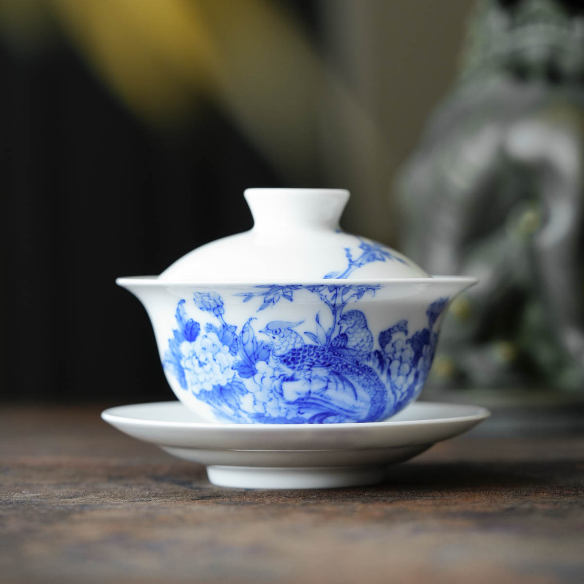 九段烧--妙手青花花鸟盖碗（锦上添花）--纯手工白瓷--茶盖碗