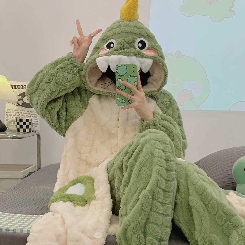 秋冬季珊瑚绒睡衣加绒加厚保暖连帽卡通睡袍女士可外穿长款家居服