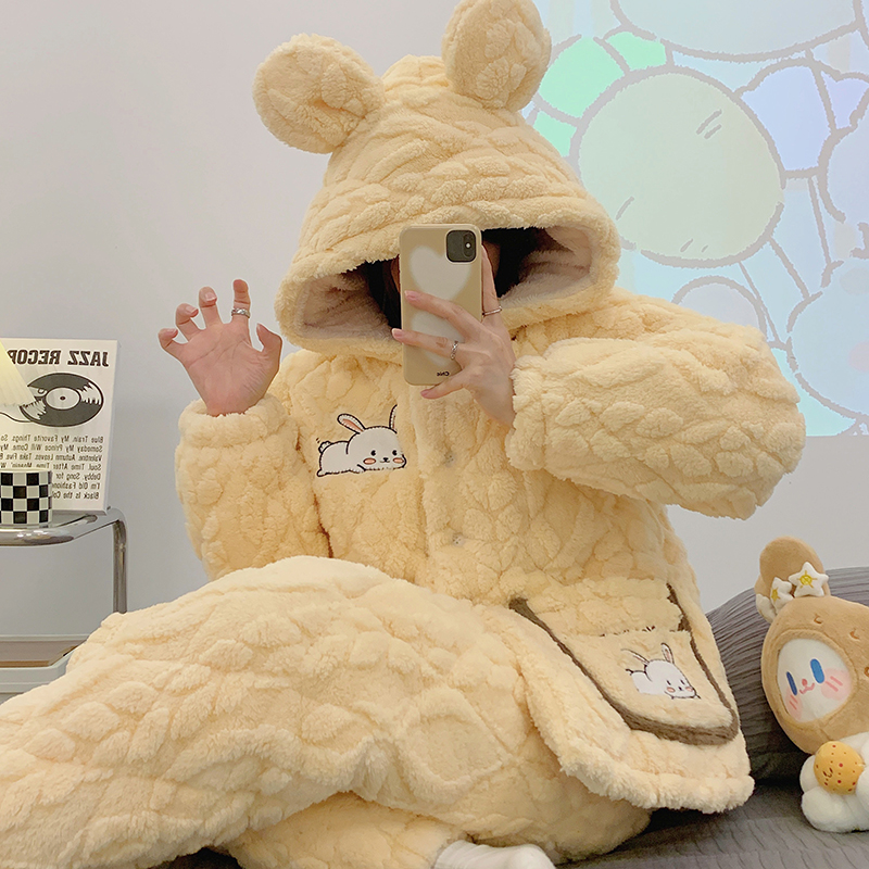 【三层夹棉】加绒加厚睡衣女冬季可爱网红风珊瑚毛绒外穿家居服套装
