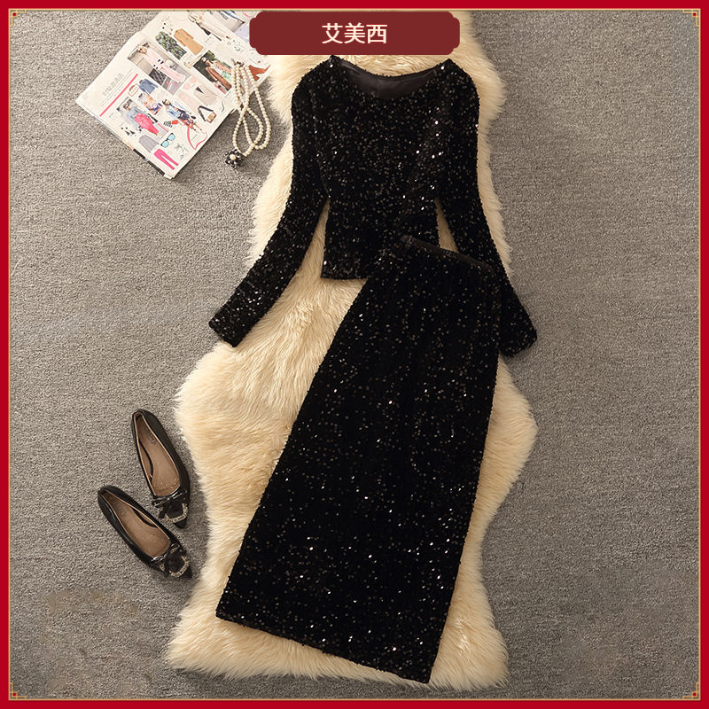 III小香风亮片半身裙女感气质时尚早春装复古上衣字长裙两件套III