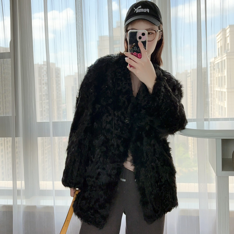 【奢品小湖羊系列】V领轻奢 小湖羊原生态皮毛一体外套 2403