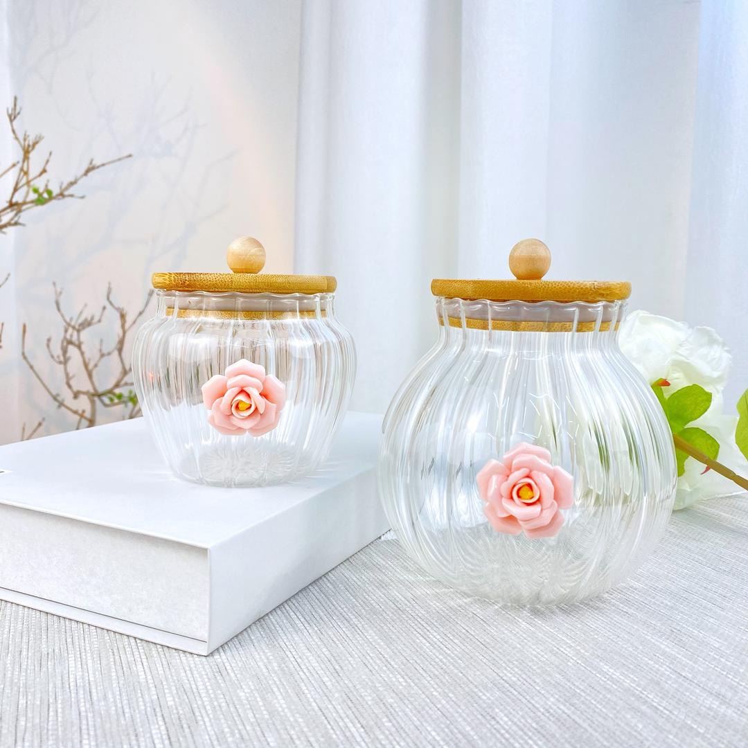 玻璃密封罐茶叶罐高通透创意捏花玻璃糖罐储物罐带盖透明耐热可爱