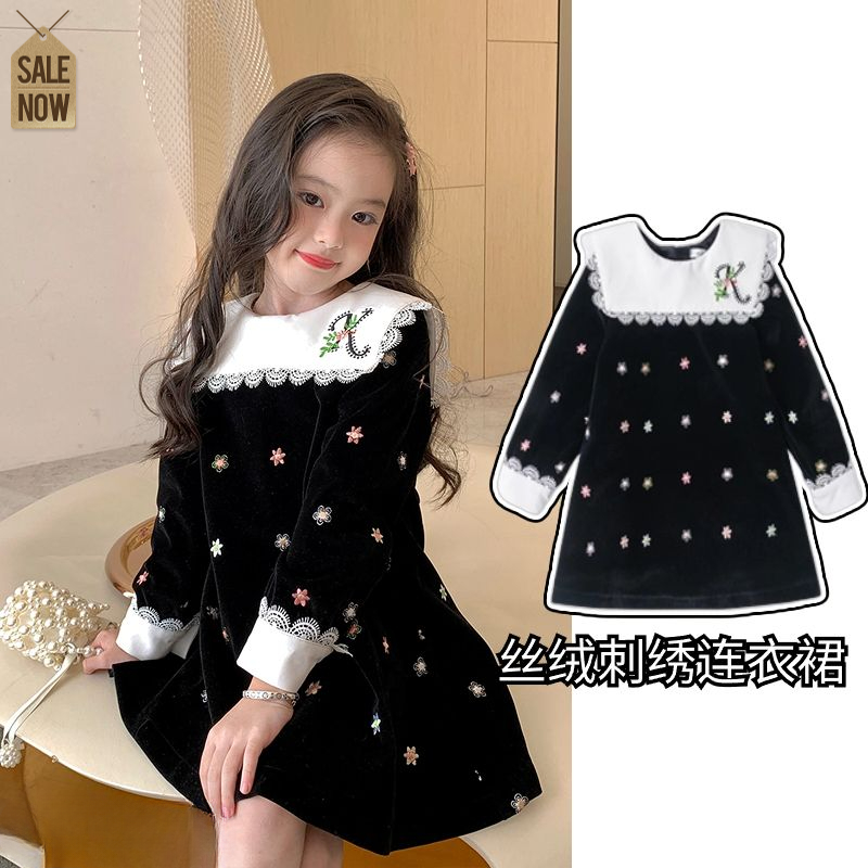 女童小香风裙子丝绒黑白2023新款刺绣秋季长袖连衣裙中大童秋冬