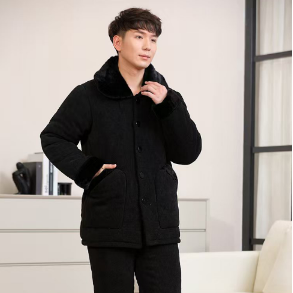 冬季防寒保暖华夫格加绒加厚男款大毛领稳重睡衣家居服可外穿黑色