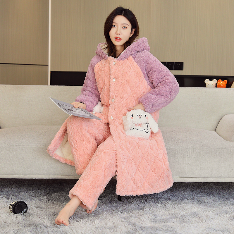 卡通可爱长耳狗连帽睡衣家居服可外穿冬季夹棉加绒加厚女士家居服