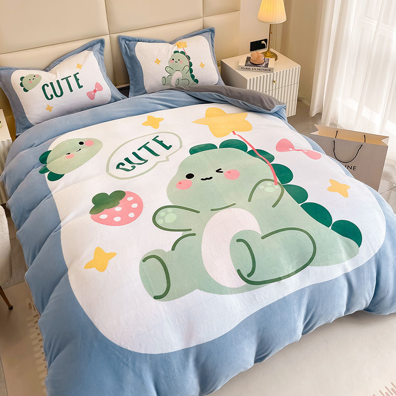 床上用品双面加厚卡通小恐龙四件套冬季牛奶绒床单绒珊瑚绒被套三