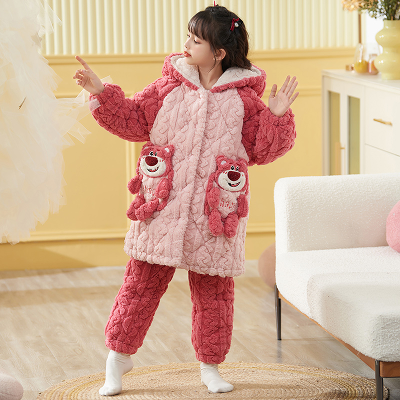 秋冬季儿童睡衣女孩三层夹棉加厚珊瑚绒中大童卡通冬天女童家居服