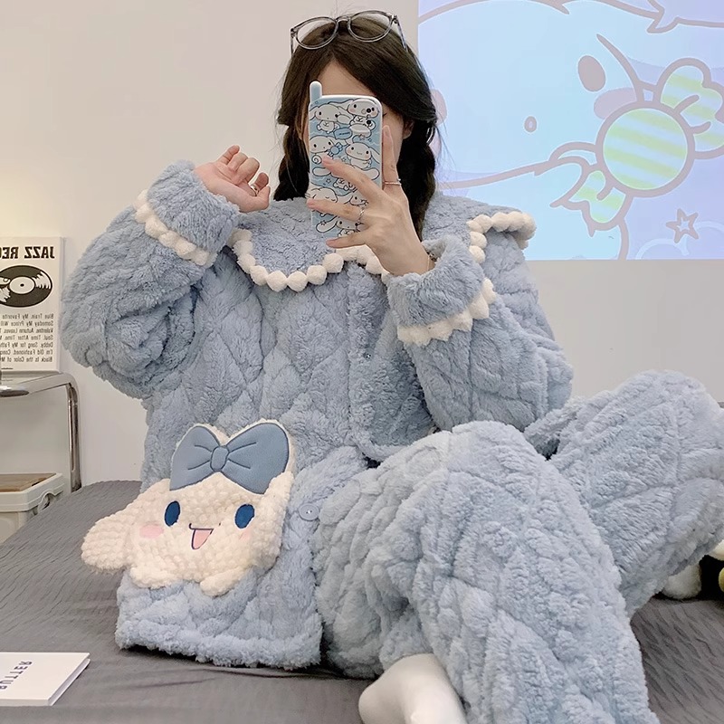 三层夹棉睡衣女冬季玉桂狗加绒加厚款珊瑚绒法兰绒卡通女士家居服