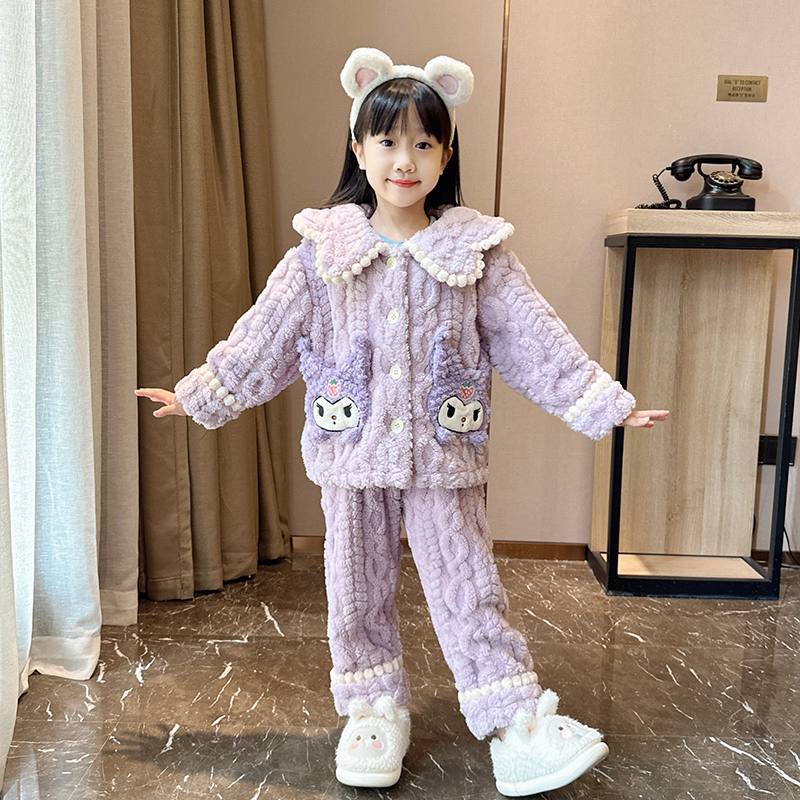 2023新款女童睡衣加厚加绒秋冬季珊瑚绒小女孩法兰绒中大童家居服