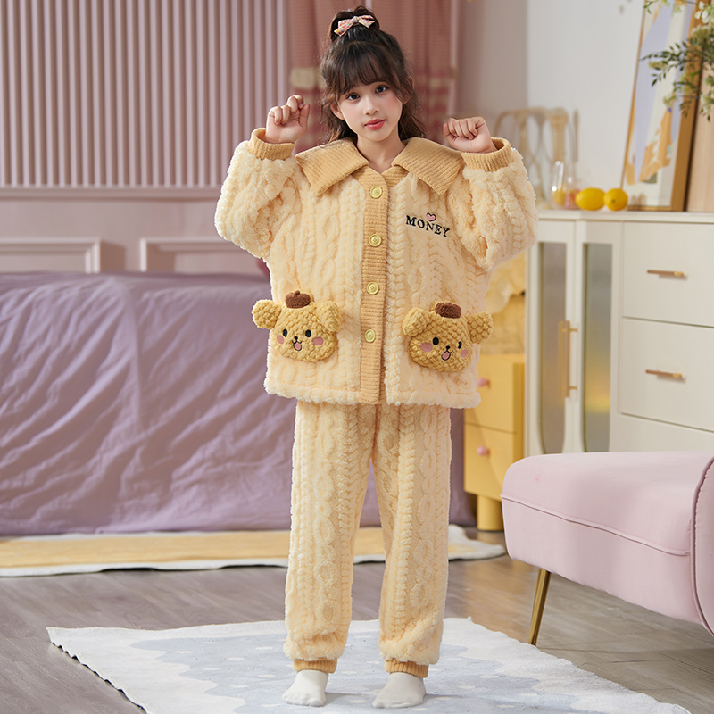 2023新款睡衣女童秋冬季加绒加厚珊瑚绒保暖女孩法兰绒宝宝家居服
