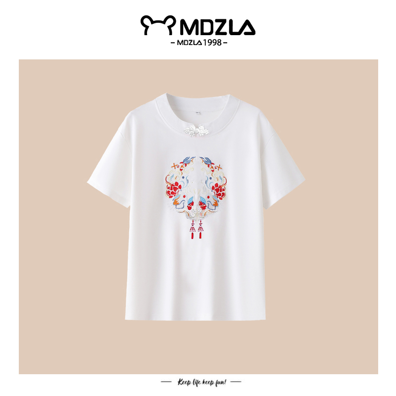 5118冰丝罗马棉中国风短袖大码休闲夏季宽松绣花新中式国潮圆领T