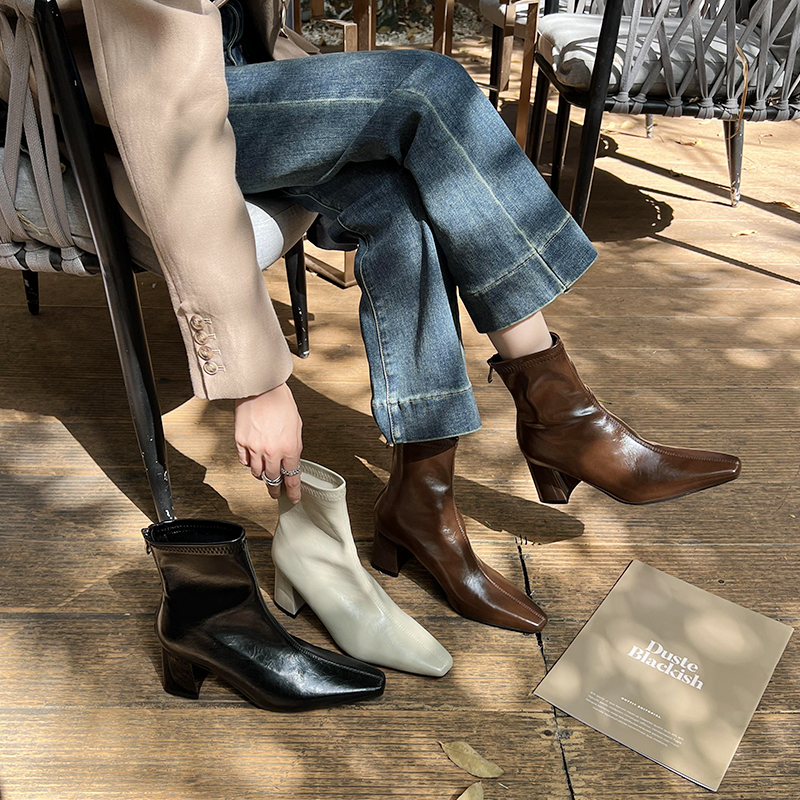 方头靴子短靴女2025秋冬靴子新款短筒女靴粗跟高跟鞋设计感瘦瘦靴