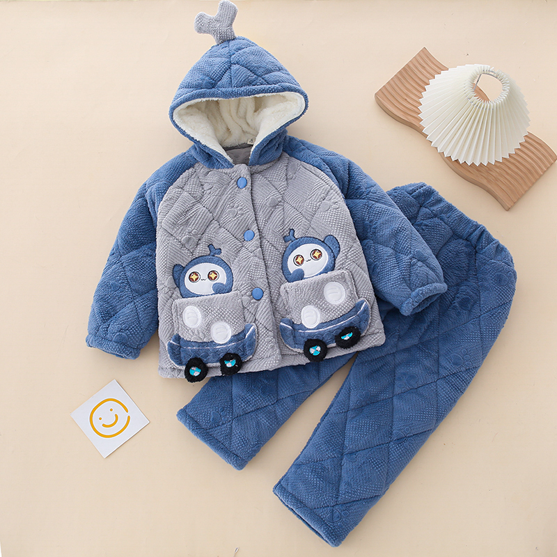 男童睡衣秋冬加厚新款三层夹棉中童家居服套装帅气儿童加绒两件套