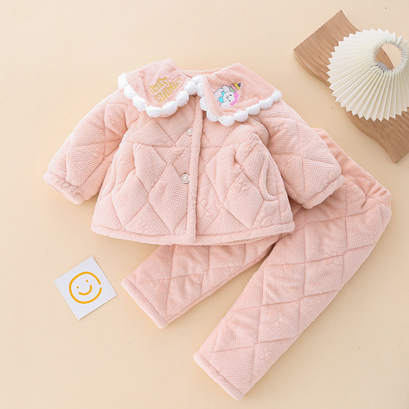 女童法兰绒睡衣冬季新款三层加绒加厚女孩家居服小香风两件套洋气