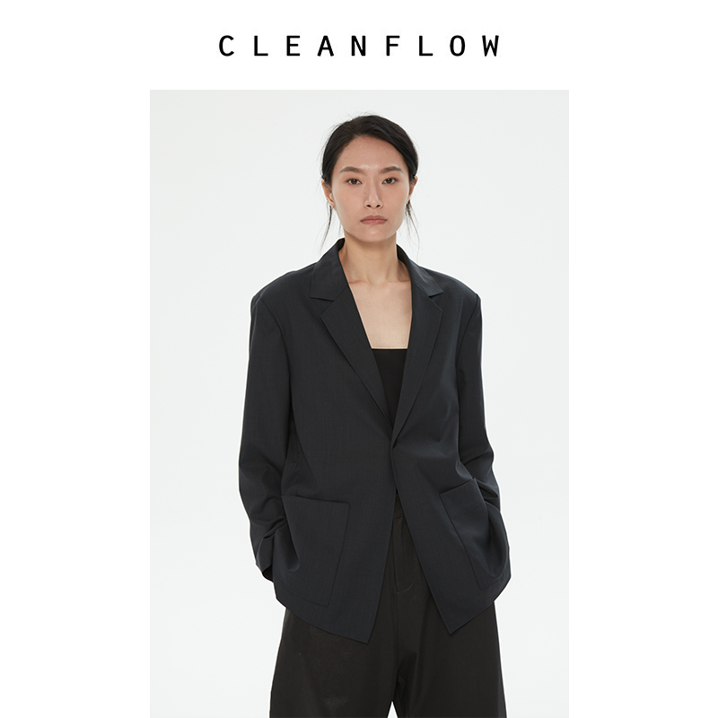 CLEANFLOW | 藏青色桑蚕丝精纺羊毛轻薄一粒扣修身西装外套春夏