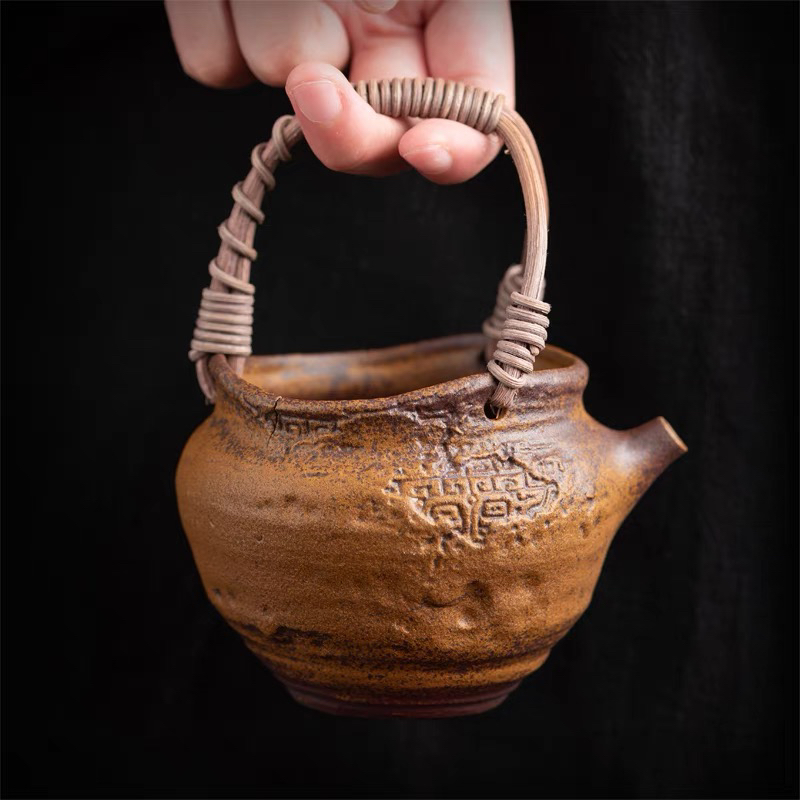 六骏老岩泥手作藤编公道杯带滤孔复古粗陶中式功夫茶具分茶煮茶器
