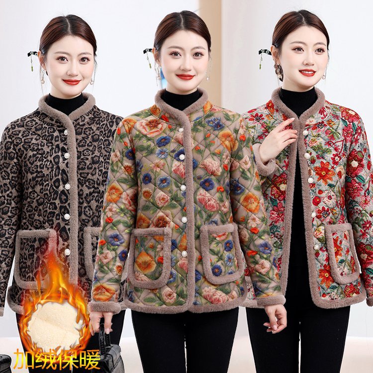 妈妈冬季新款加绒加厚时尚花色立领保暖棉衣 中老年复古减龄棉服
